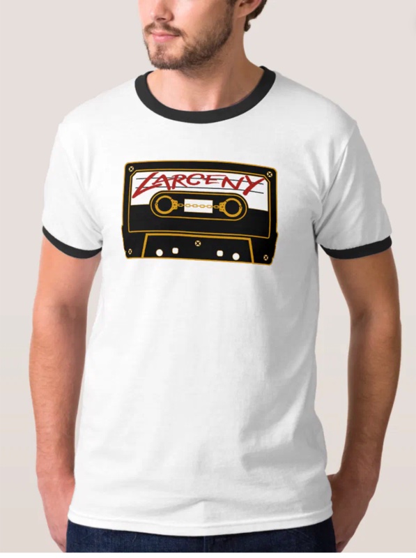White ringer t-shirt with Larceny cassette tape design