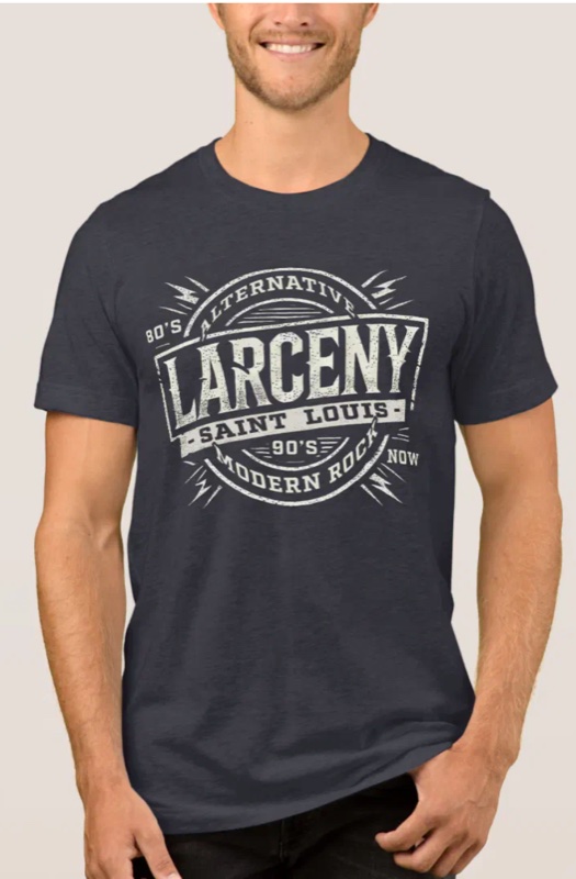 Dark grey Larceny t-shirt with vintage 80s alternative 90s modern rock badge logo